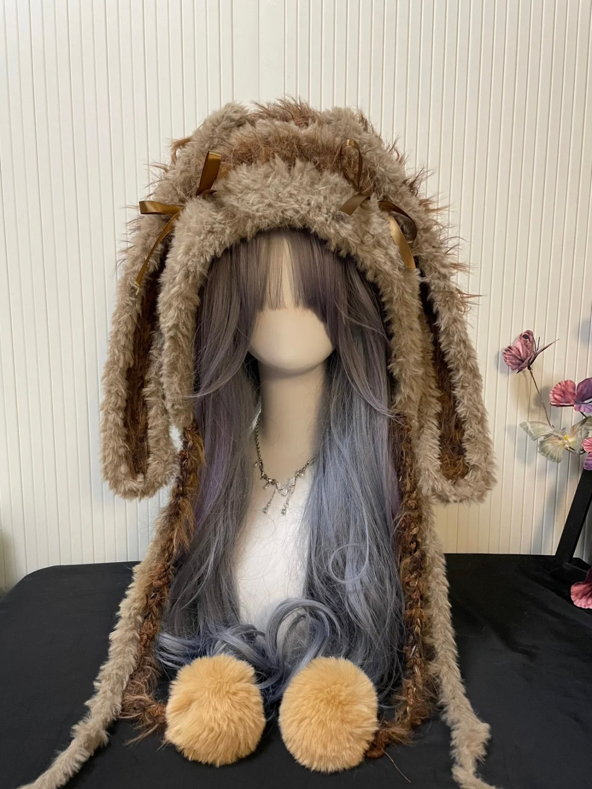 Brown Bunny-eared Hood, Kawaii Plush Bunny Hat, One Size, Cozy Winter Accessory