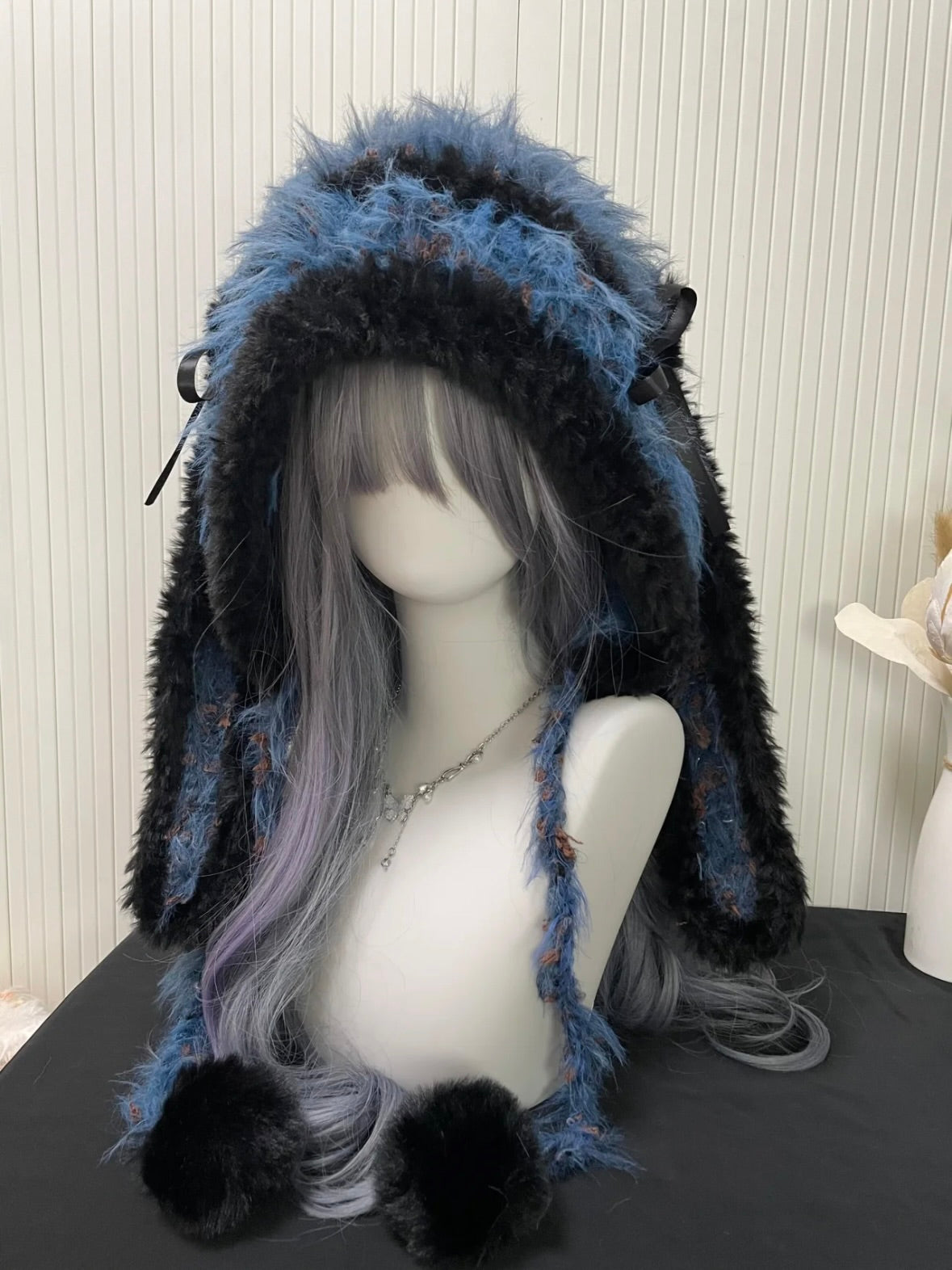 Capuche à oreilles de lapin bleue et noire, bonnet lapin en peluche Kawaii, accessoire d'hiver confortable taille unique
