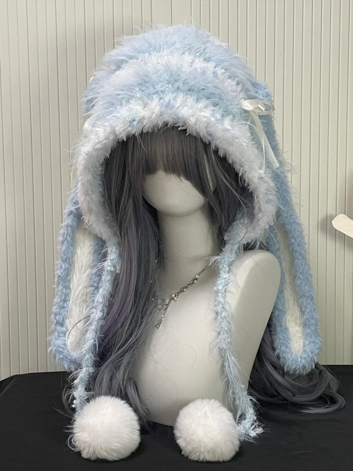 Blau-weiße Hasenohren-Kapuze, Kawaii Plüsch-Hasenmütze, Einheitsgröße, Kuscheliges Winteraccessoire