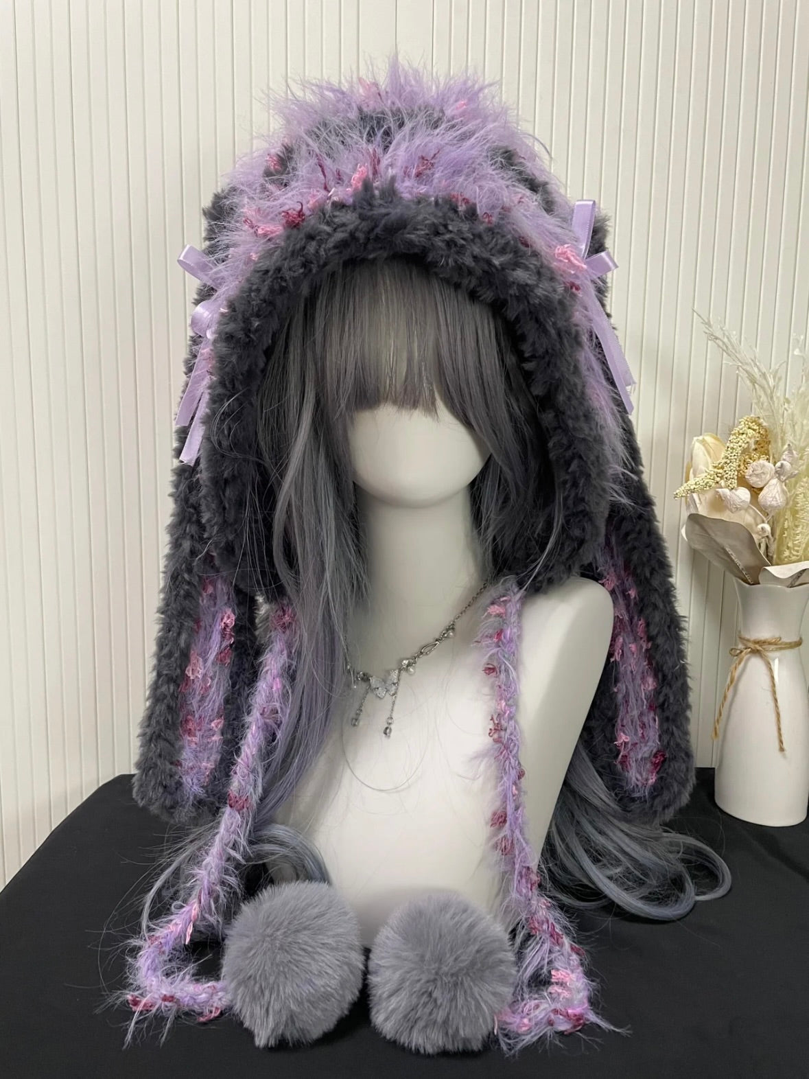 Taro Purple Bunny-eared Hood, Kawaii Plush Bunny Hat, One Size, Cozy Winter Accessory