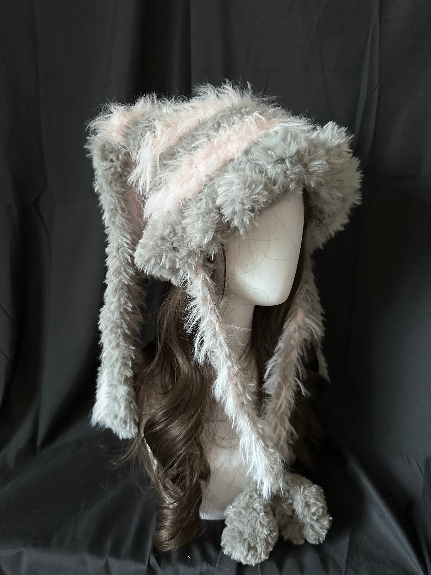 Crochet Cat Ear Beanie: Gray & Pink Bunny Jellyfish Hat