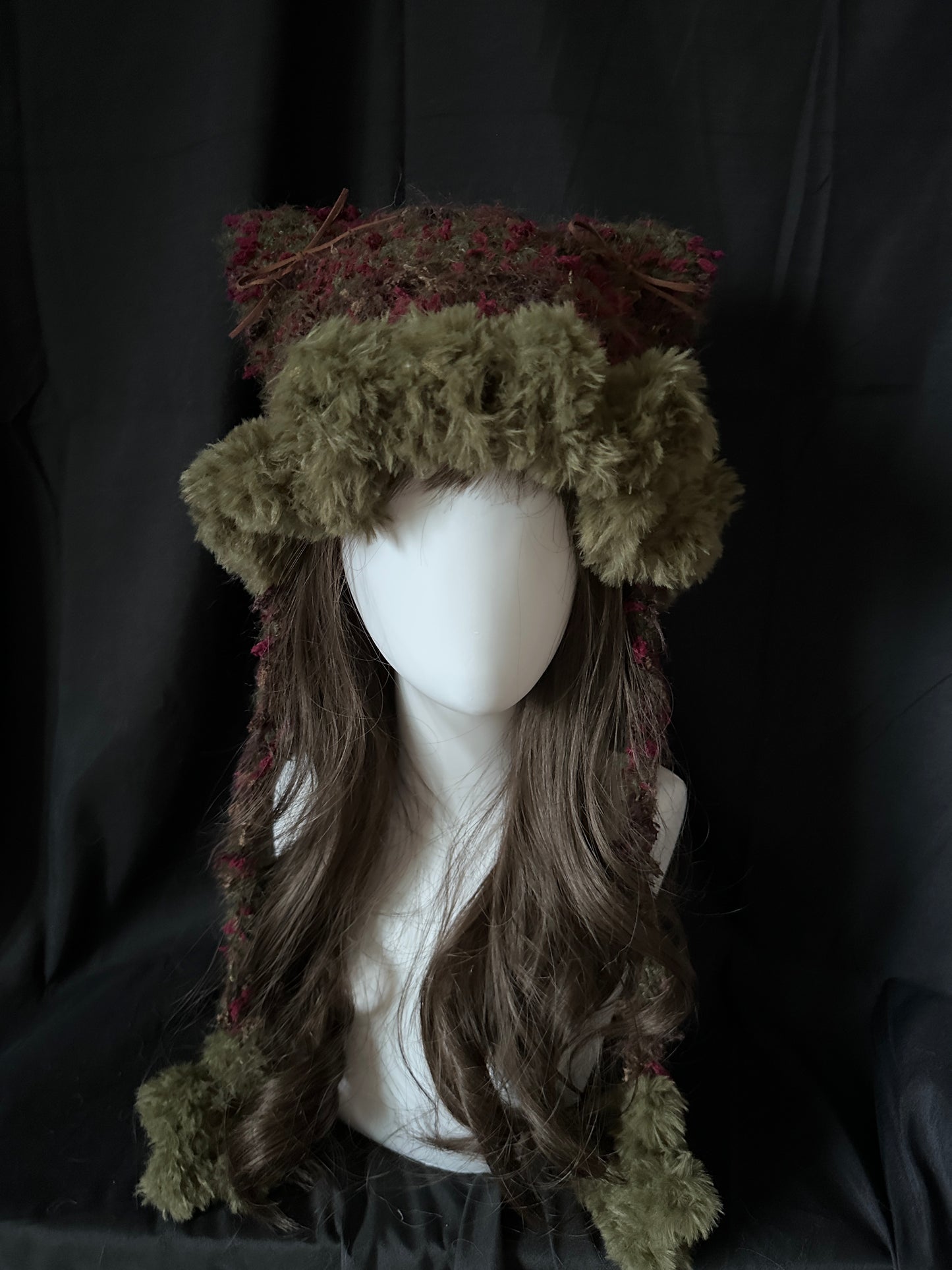 Crochet Cat Ear Beanie: Forest Green Jellyfish Hat