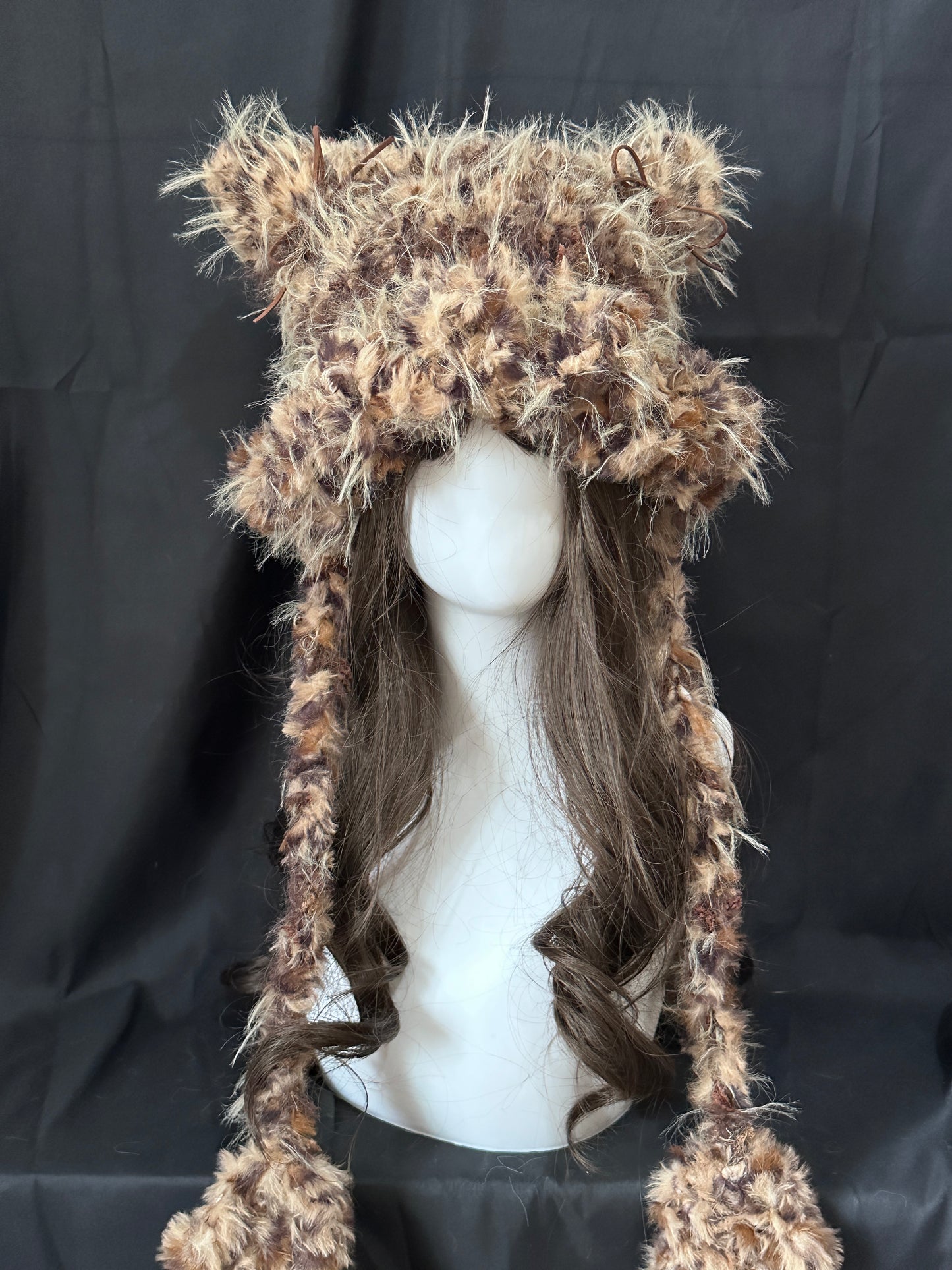 Bonnet oreilles de chat léopard, bonnet oreilles d'animal Kawaii, joli bonnet d'hiver fait main