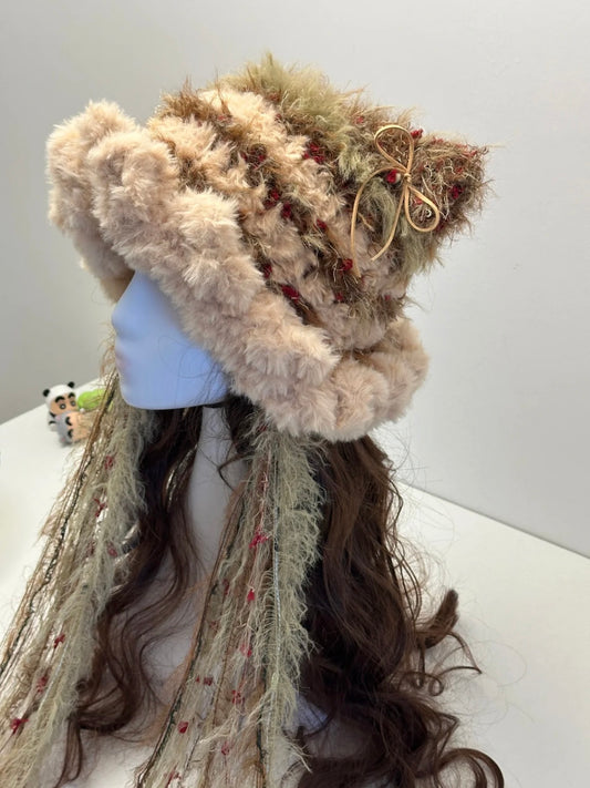 Crochet Cat Ear Beanie: Creamy Mocha Wild Kitty Jellyfish Hat