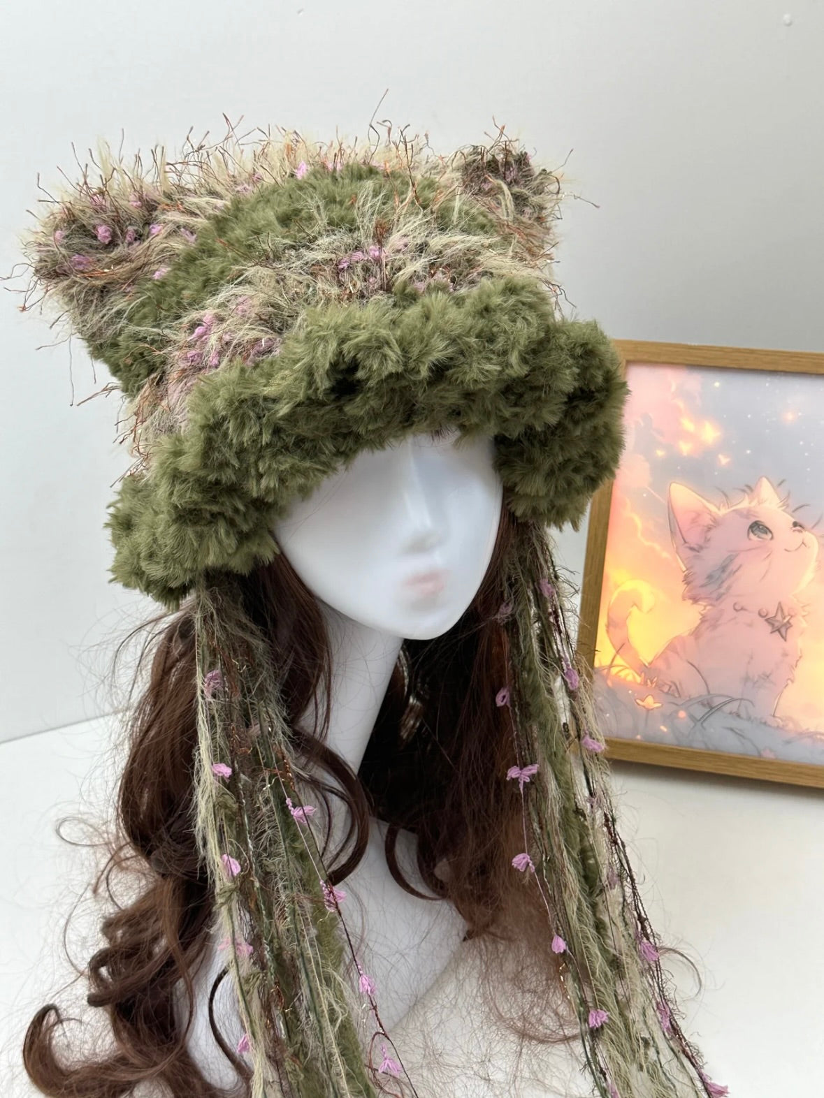 Crochet Cat Ear Beanie: Pine Green Rose Jellyfish Hat