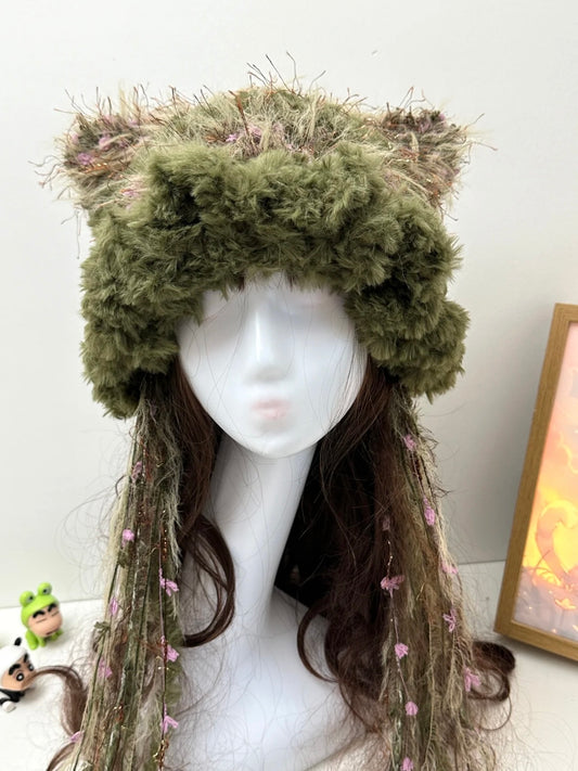Crochet Cat Ear Beanie: Pine Green Rose Jellyfish Hat