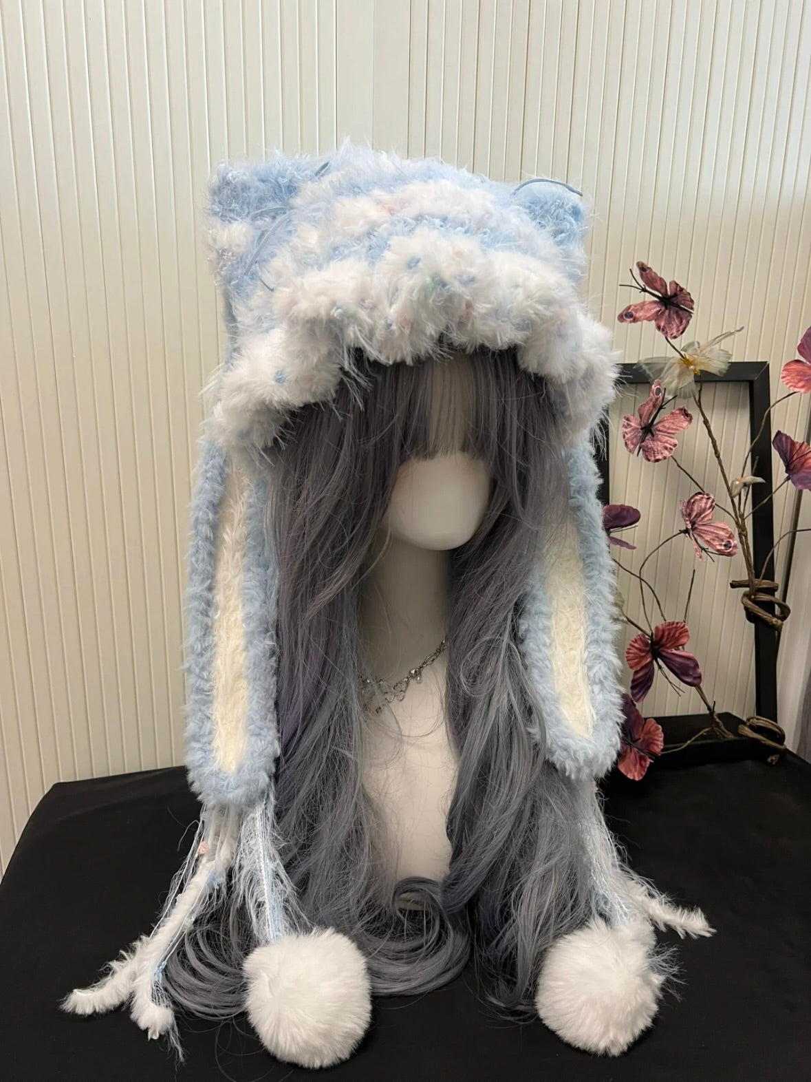 Crochet Cat Ear Beanie: Blue & White Detachable Bunny Ear Hat