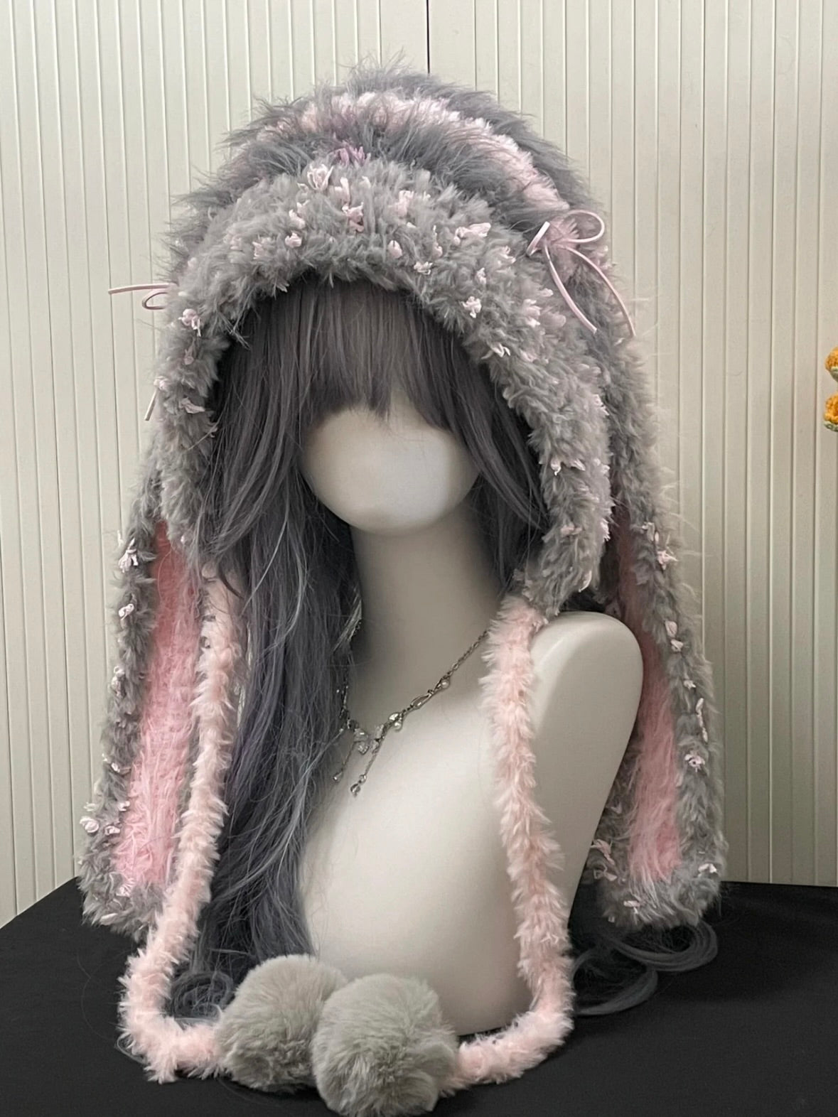 Pink & Gray Bunny Hood – Detachable Ears Edition