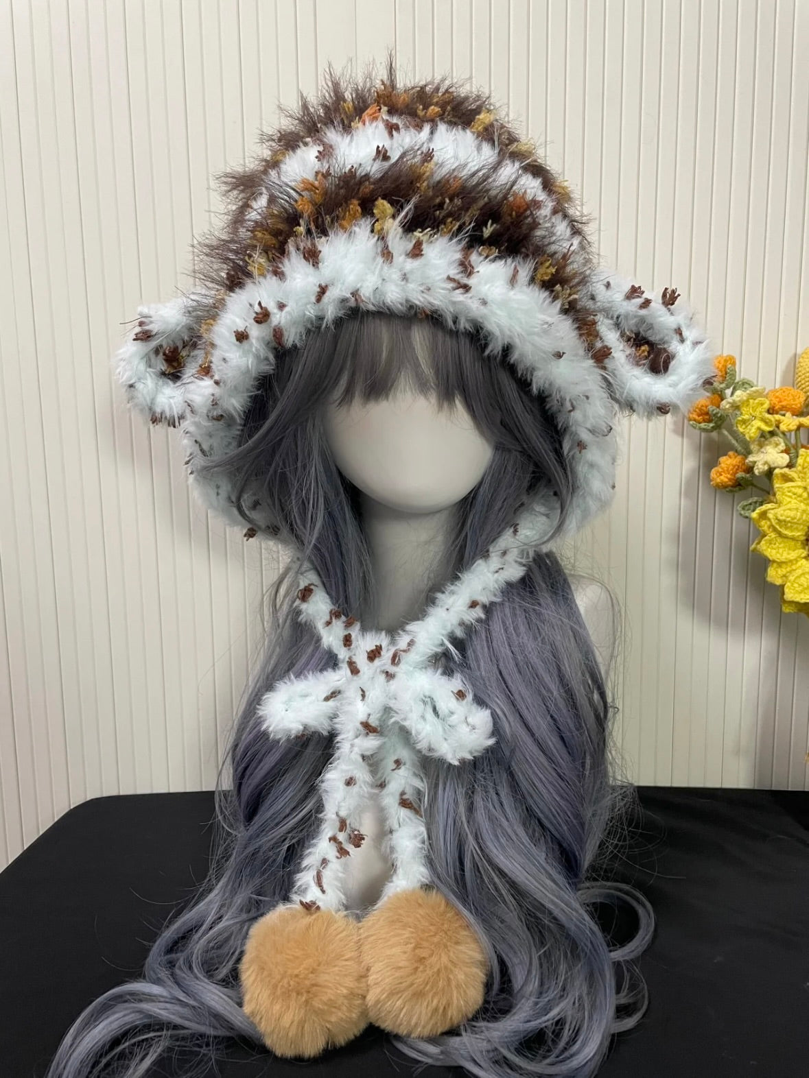 Kawaii Light Cocoa Lammfell Ohren Kapuze | Flauschige braune Schaffell Kapuze | Soft Girl Cosplay Hut