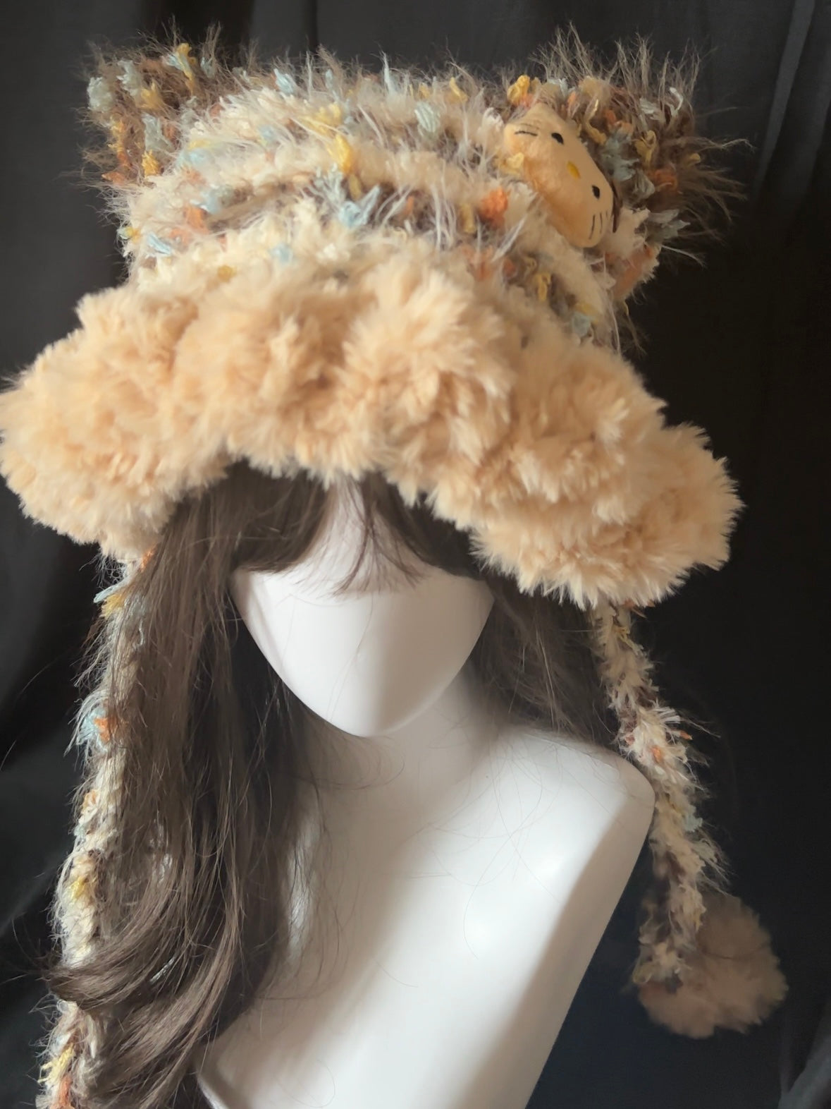 Fluffy Kitty Cat Ear Hat – Handmade Caramel Furry Hood, Cozy Kawaii Winter Bonnet
