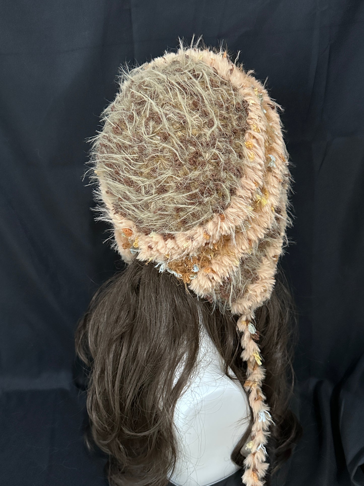 Cozy Fluffy Hood with Braids – Caramel Beige Handmade Bonnet, Kawaii Winter Furry Hat