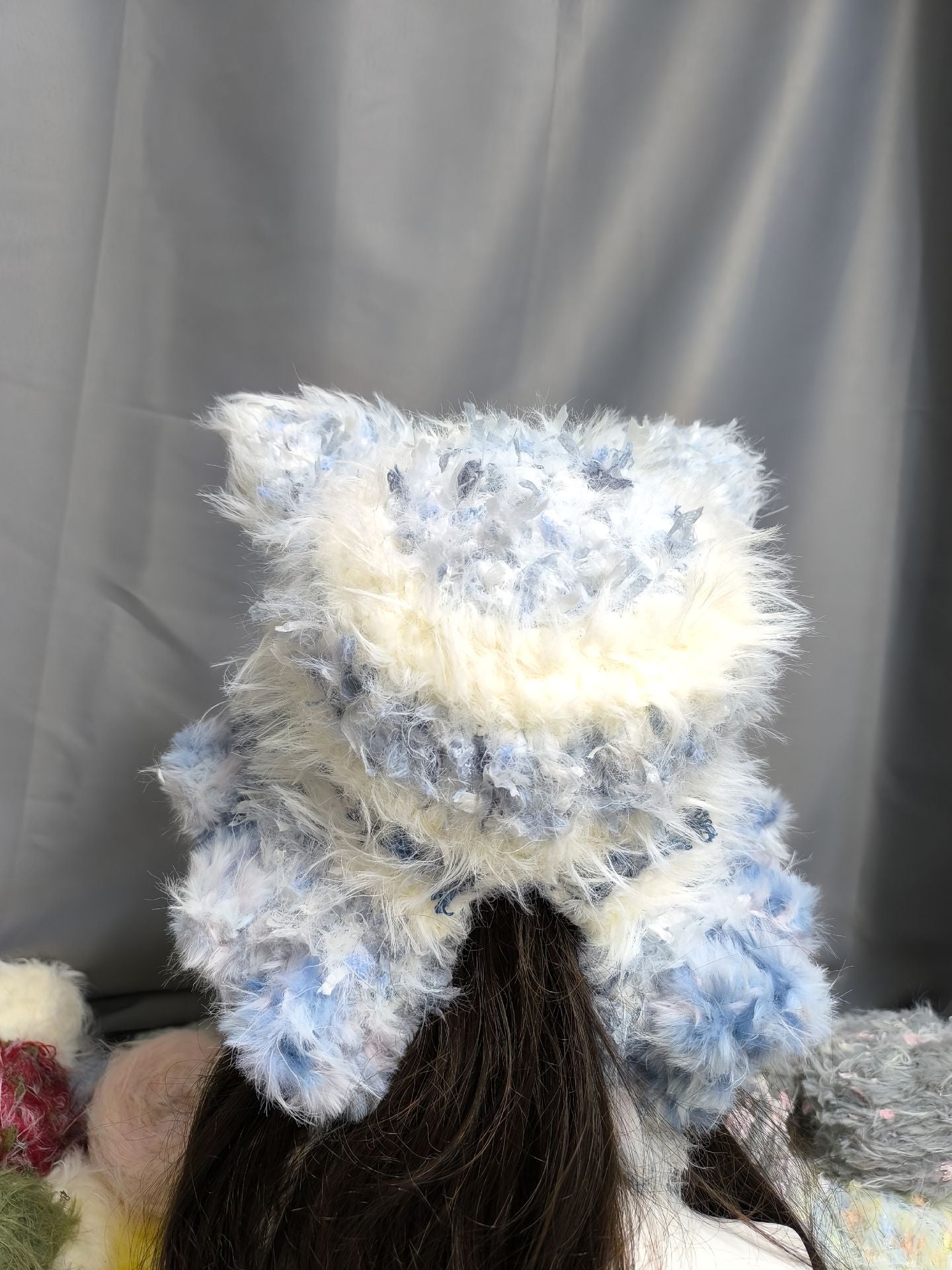 White Blue Gradient Fox Hood, Detachable Ears Crochet Fox Hat, Soft Color Blend