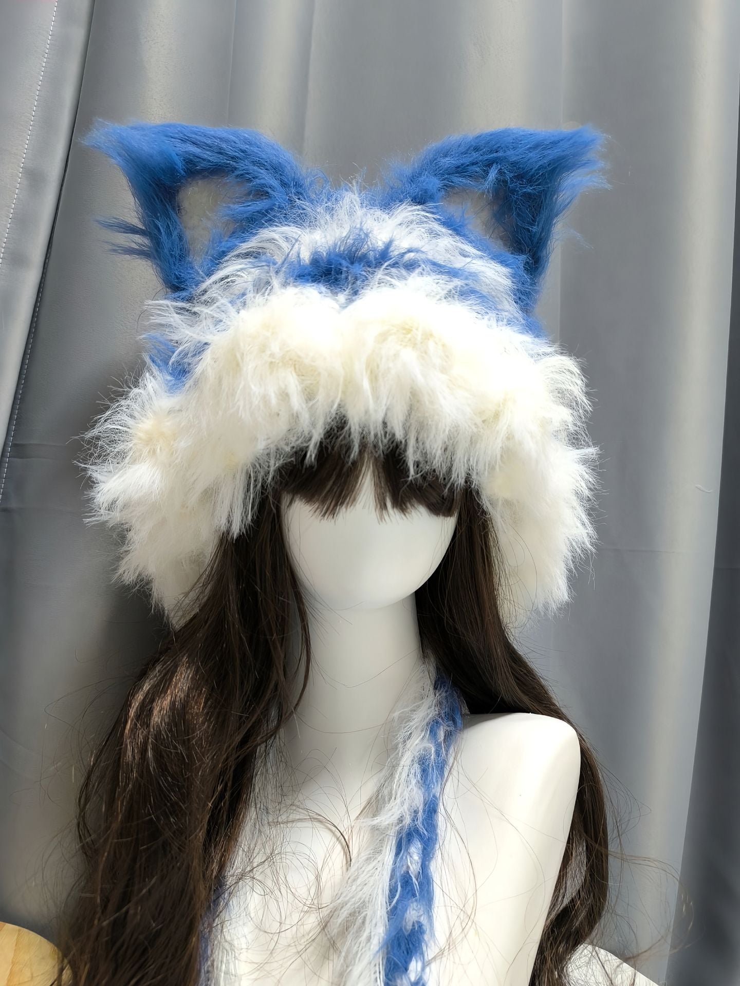 Blau-weiße Fuchshaube mit abnehmbaren Ohren, Häkel-Fuchsmütze, Kawaii Kapuzenmütze