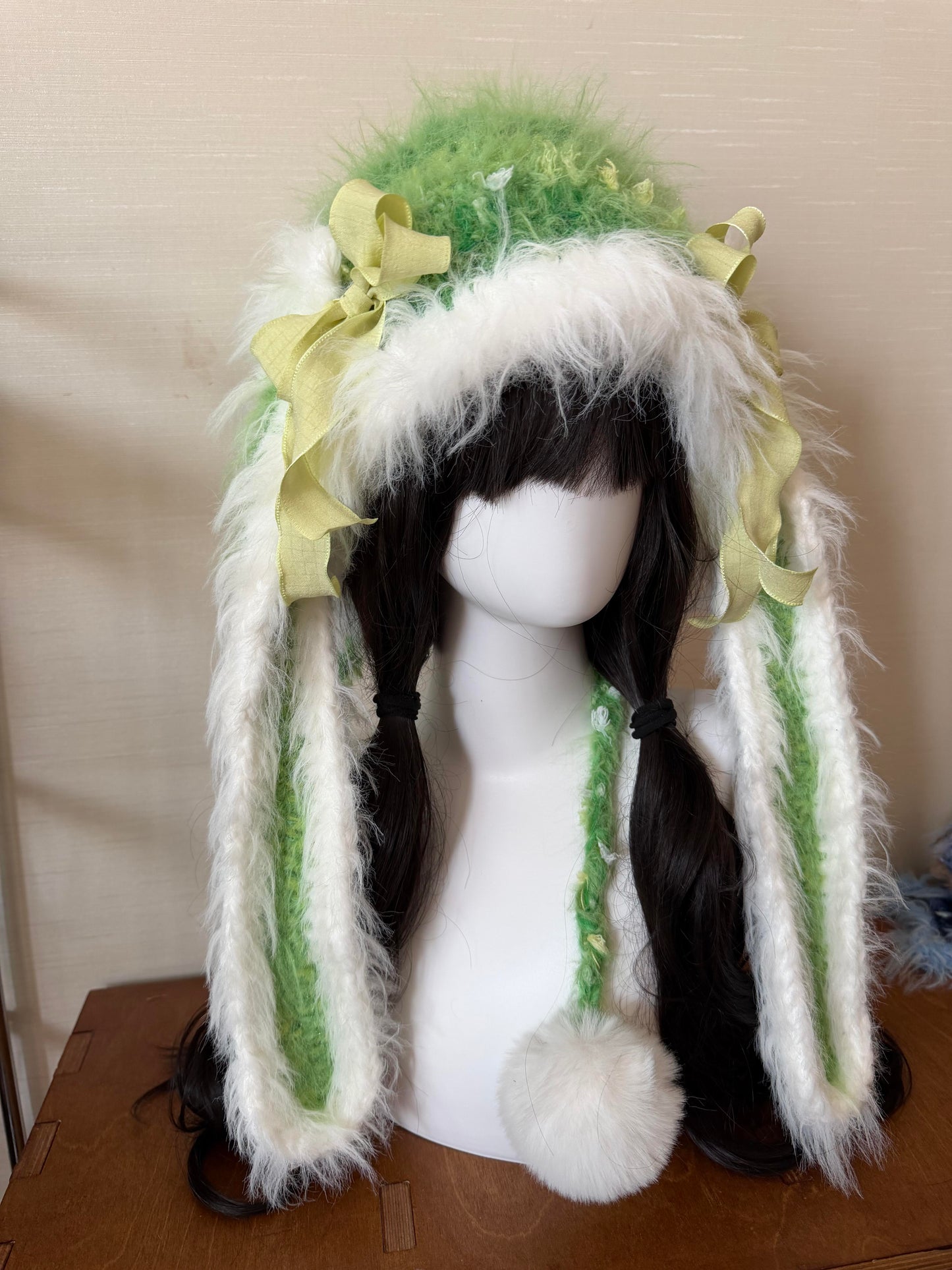 Handmade White Green Bunny Ear Hood, Apple Green Crochet Bunny Hat