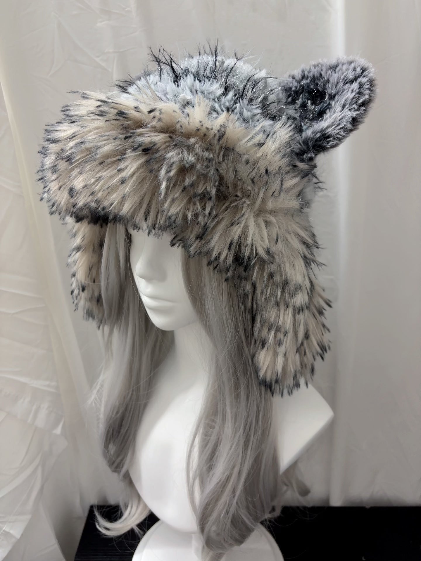 Black Gray Wolf Ear Hood with Scarf, Handmade Animal Hooded Scarf, Gothic Winter Hood