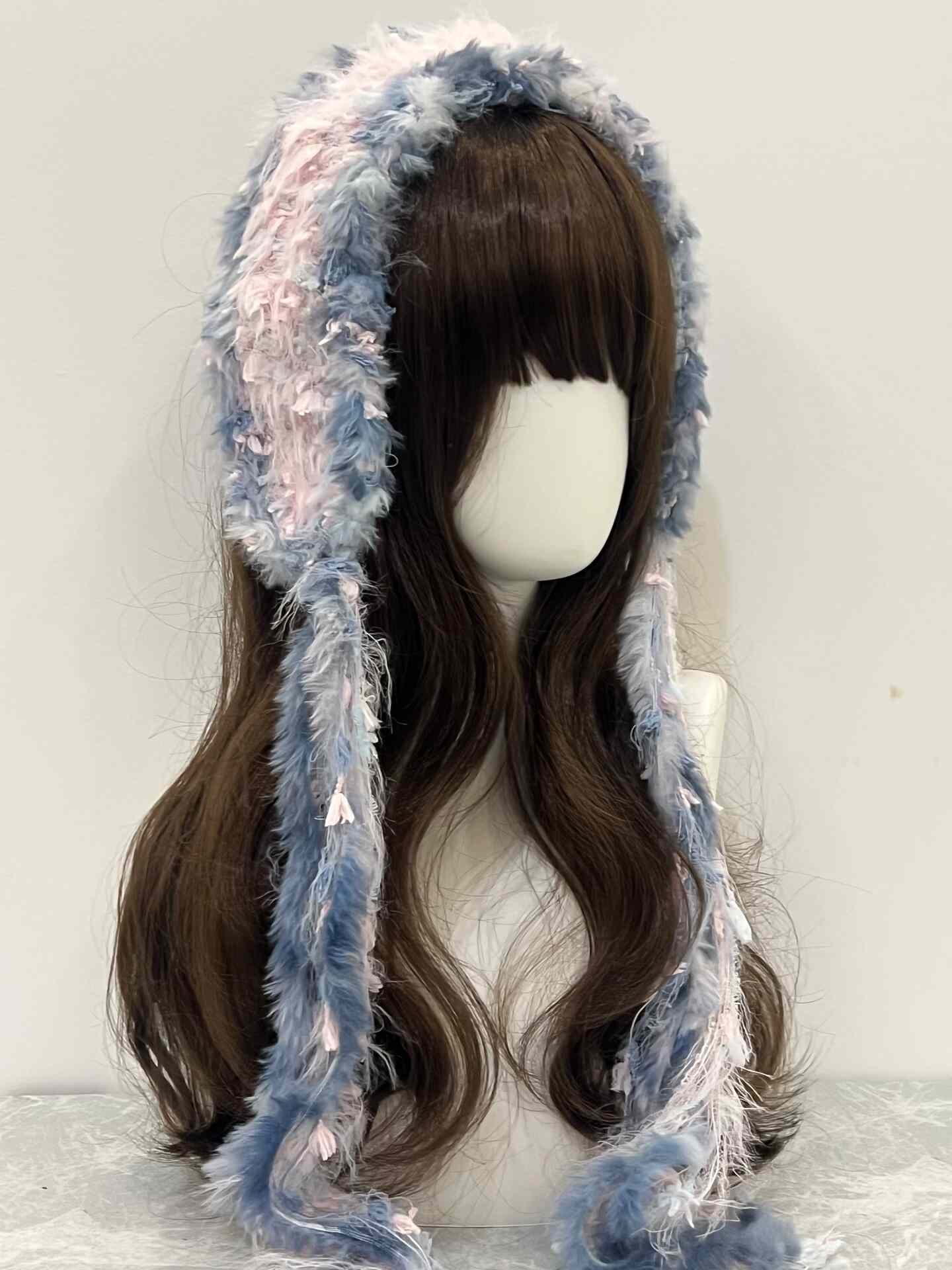 Pink-Blau Häkelstirnband Handgefertigt Kawaii Pastell Haarband Lolita Anime Ästhetik