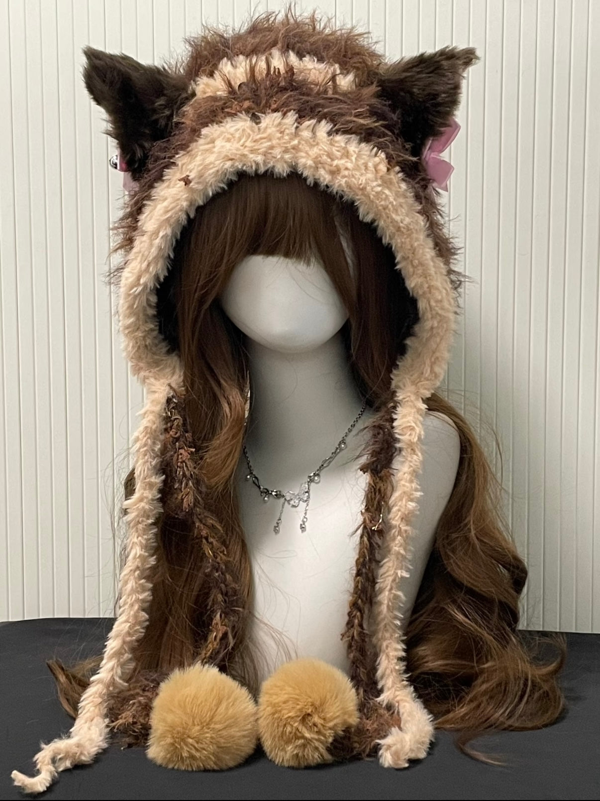 Brown Wolf Ear Fluffy Hat – Handmade Crochet Animal Hood Scarf