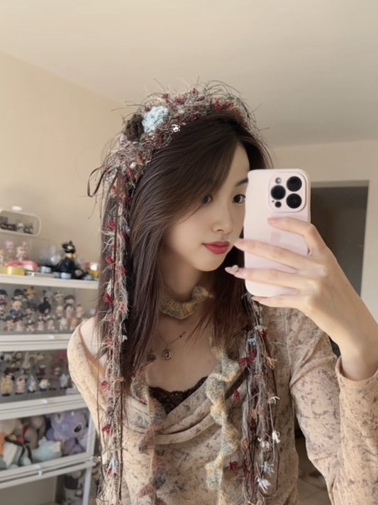 Retro Crochet Headband Handmade Kawaii Pastel Hair Band Lolita Anime Aesthetic