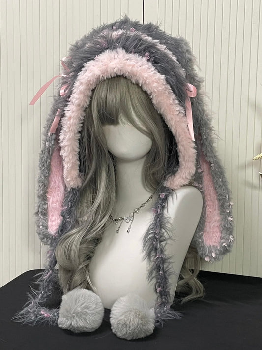 Rosa & Grau Hasenohr-Kapuze, Kawaii Plüsch Hasenmütze, Einheitsgröße, Kuscheliges Winter-Accessoire