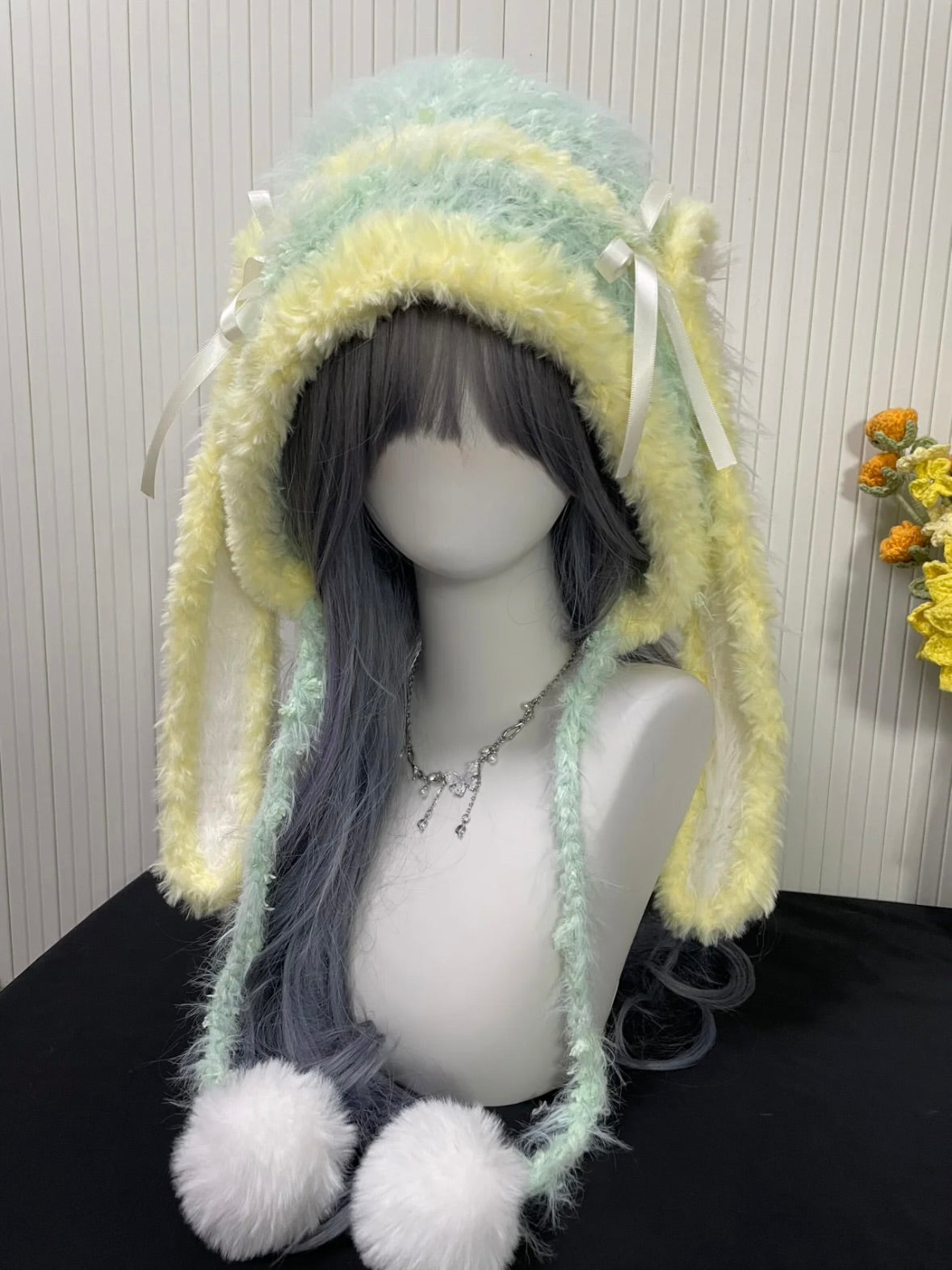 Yellow & Green Bunny-eared Hood, Kawaii Plush Bunny Hat, One Size, Cozy Winter Accessory