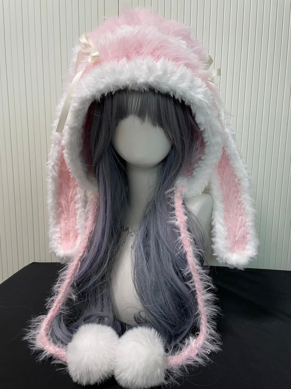 Capuche à oreilles de lapin rose et blanc, Chapeau de lapin en peluche Kawaii, Taille unique, Accessoire d'hiver douillet