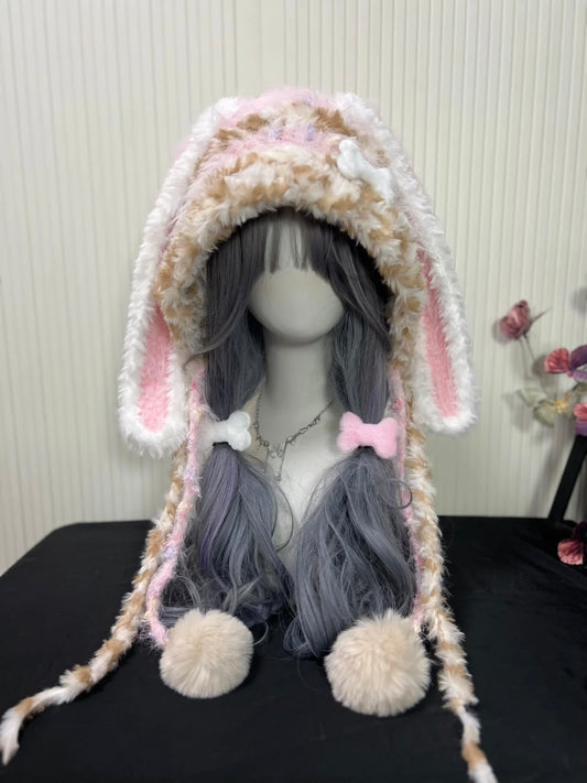 Cremefarbene pinke Hasenohren-Kapuze, Kawaii Plüsch Hasenmütze, Einheitsgröße, Kuscheliges Winteraccessoire