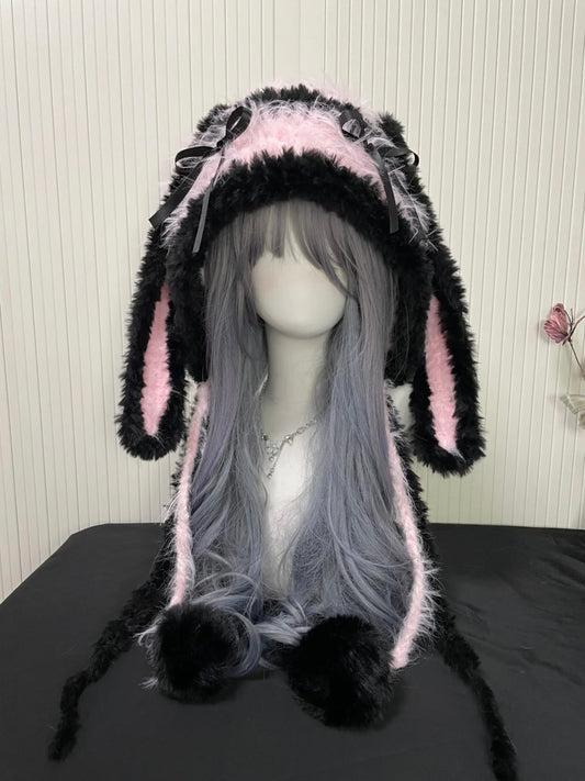 Capuche Lapin Noir & Rose, Chapeau Lapin Kawaii en Peluche, Taille Unique, Accessoire d'Hiver Douillet