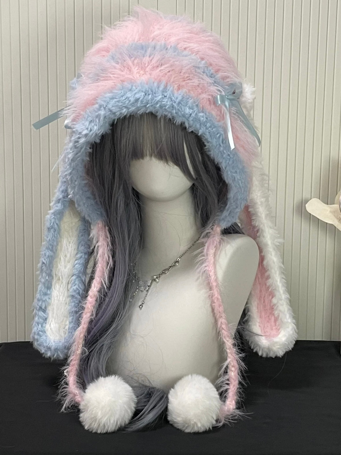 Pastel Pink & Blue Bunny-eared Hood, Kawaii Plush Bunny Hat, One Size, Cozy Winter Accessory