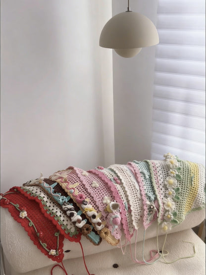 Red Crochet Triangle Headscarf Handmade Bandana Milk Cotton Hair Scarf