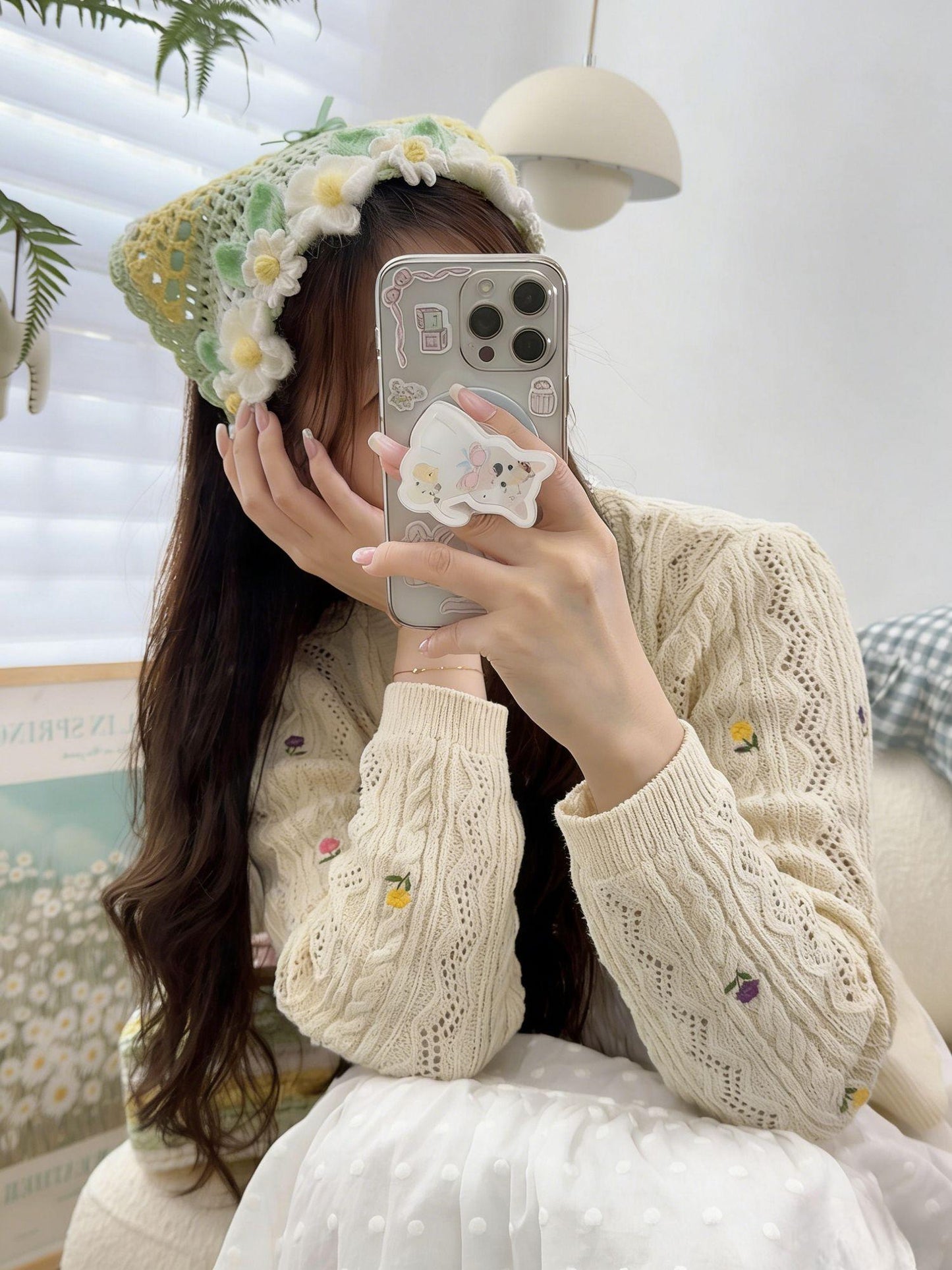 Daisy Crochet Triangle Headscarf Handmade Bandana Milk Cotton Hair Scarf