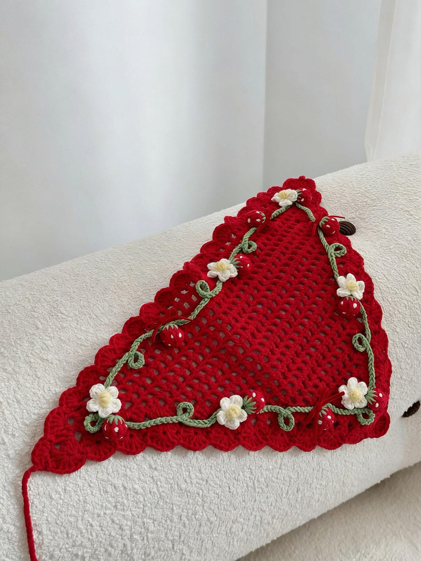 Red Crochet Triangle Headscarf Handmade Bandana Milk Cotton Hair Scarf