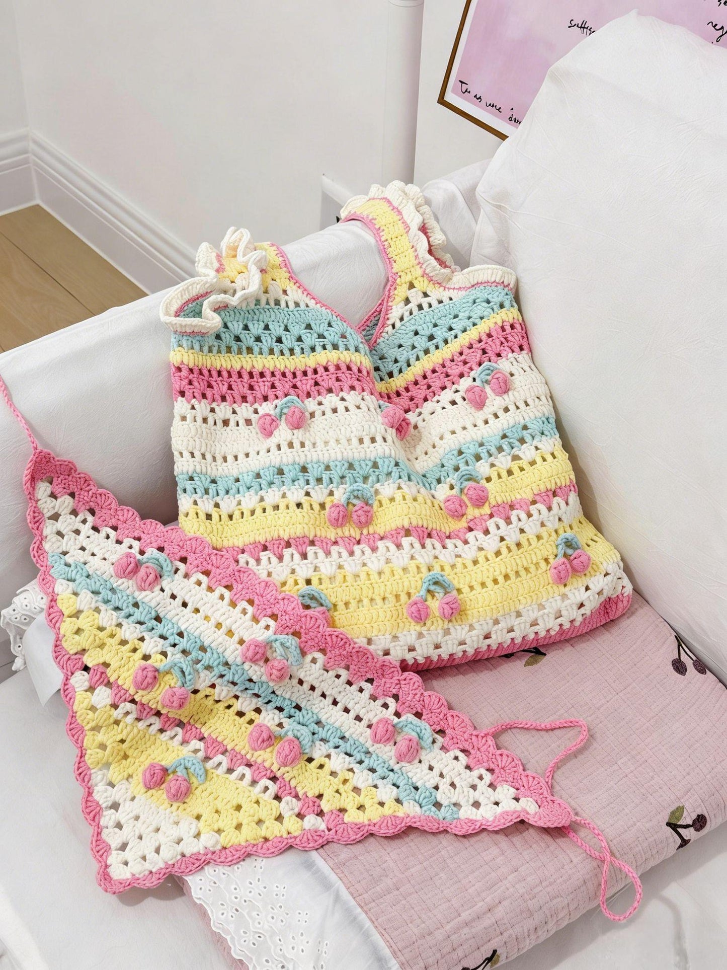 Cherry Crochet Triangle Headscarf Handmade Bandana Milk Cotton Hair Scarf