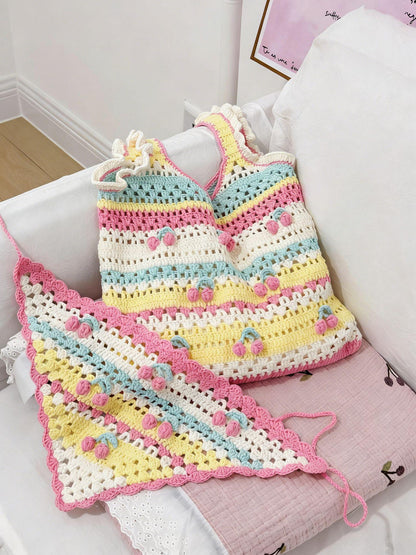 Cherry Crochet Triangle Headscarf Handmade Bandana Milk Cotton Hair Scarf