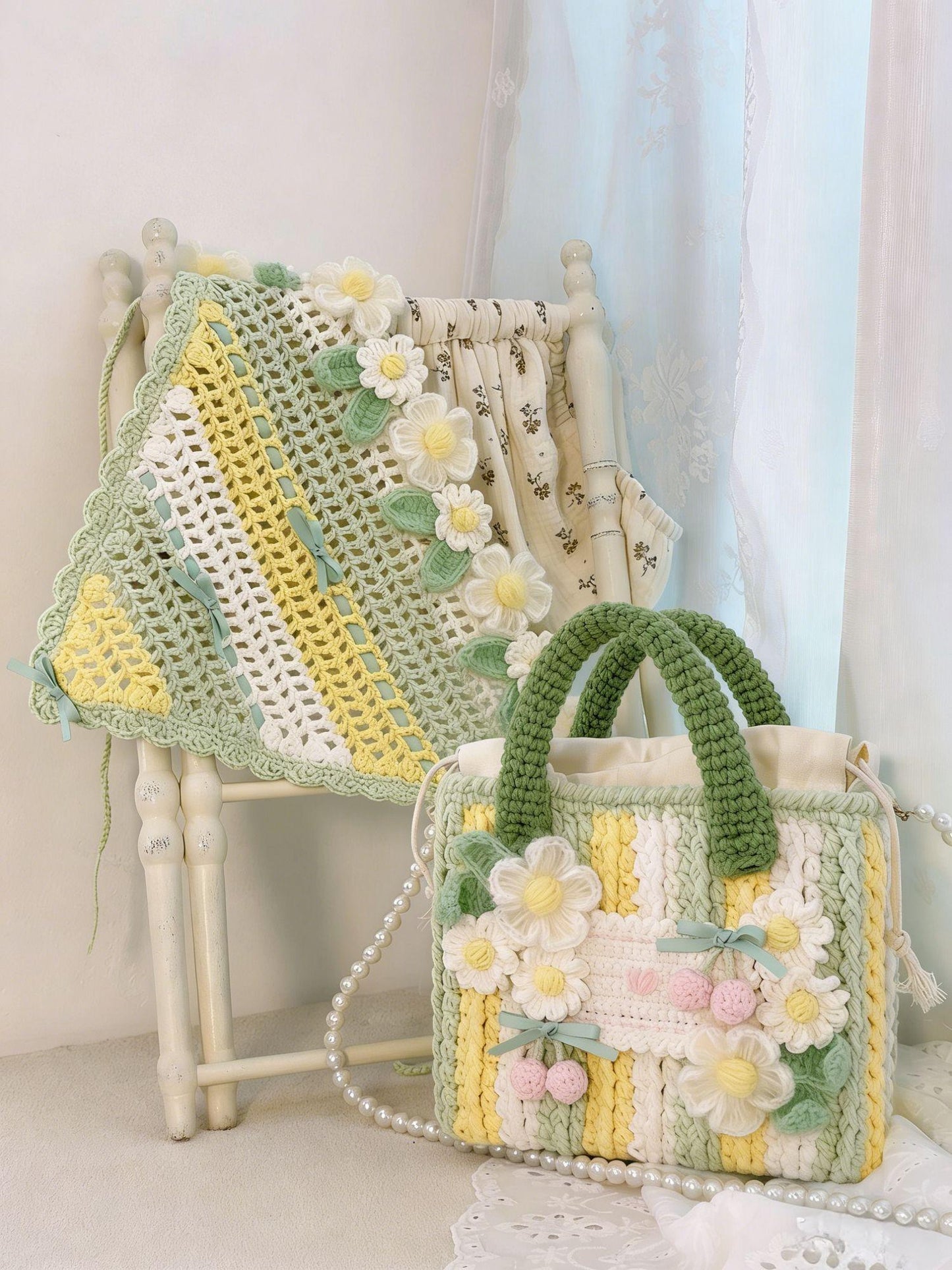 Daisy Crochet Triangle Headscarf Handmade Bandana Milk Cotton Hair Scarf