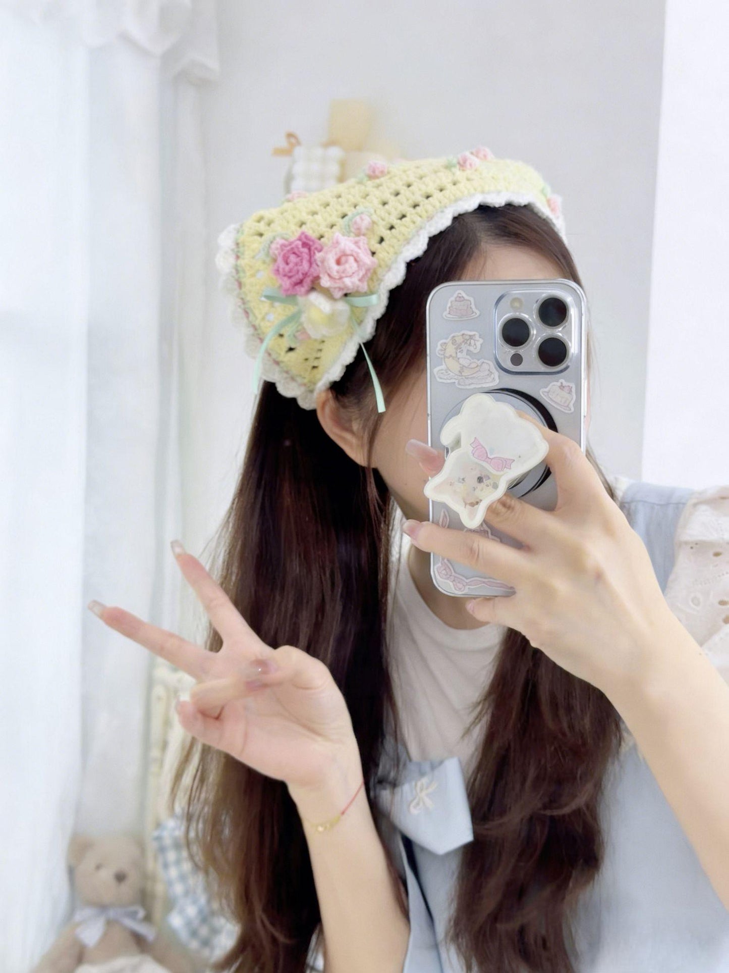 Foulard triangle au crochet rose fait main – Bandana en coton de lait pour cheveux