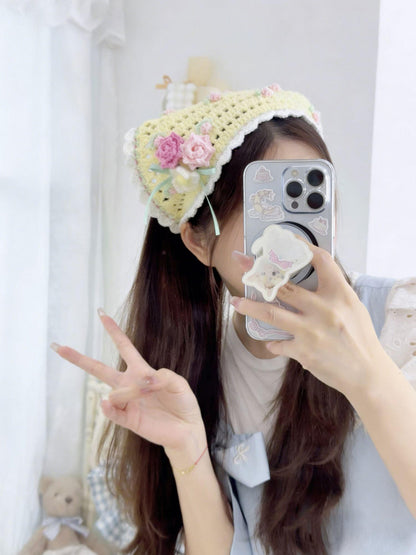 Foulard triangle au crochet rose fait main – Bandana en coton de lait pour cheveux