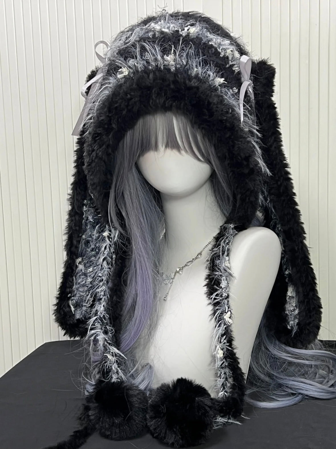 Capuche à oreilles de lapin noire et grise, Chapeau en peluche lapin Kawaii, Taille unique, Accessoire d'hiver douillet