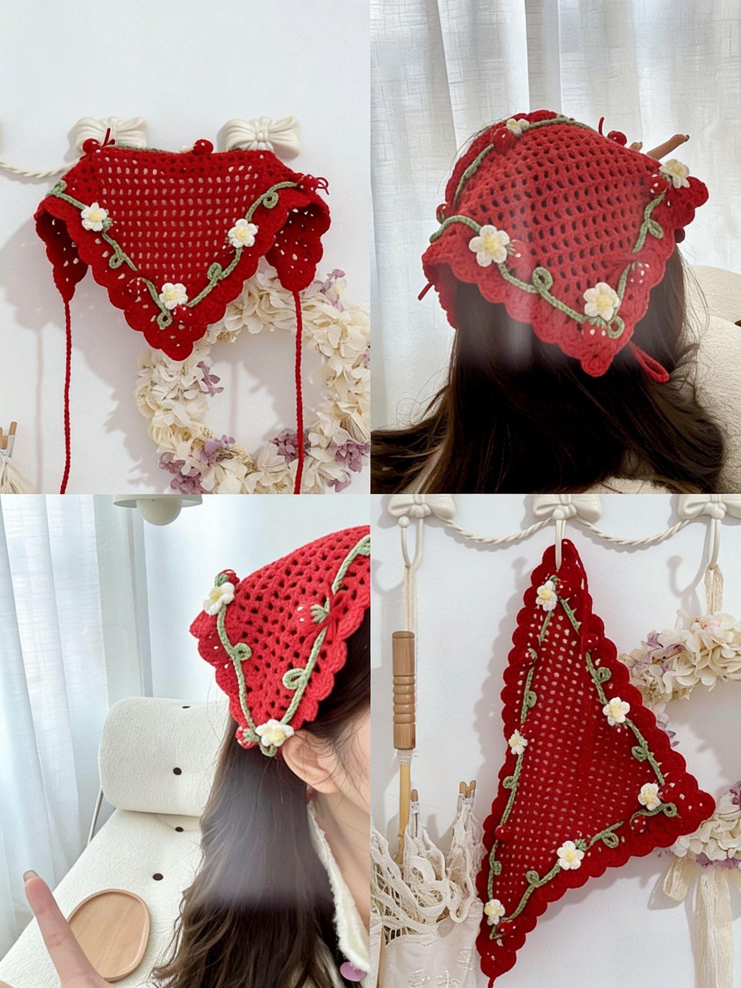 Red Crochet Triangle Headscarf Handmade Bandana Milk Cotton Hair Scarf