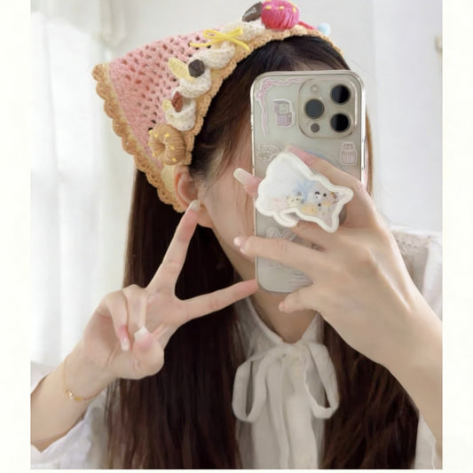 Pink Crochet Triangle Headscarf Handmade Bandana Milk Cotton Hair Scarf