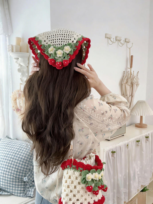 Strawberry Milk Crochet Triangle Headscarf Handmade Bandana Milk Cotton Hair Scarf