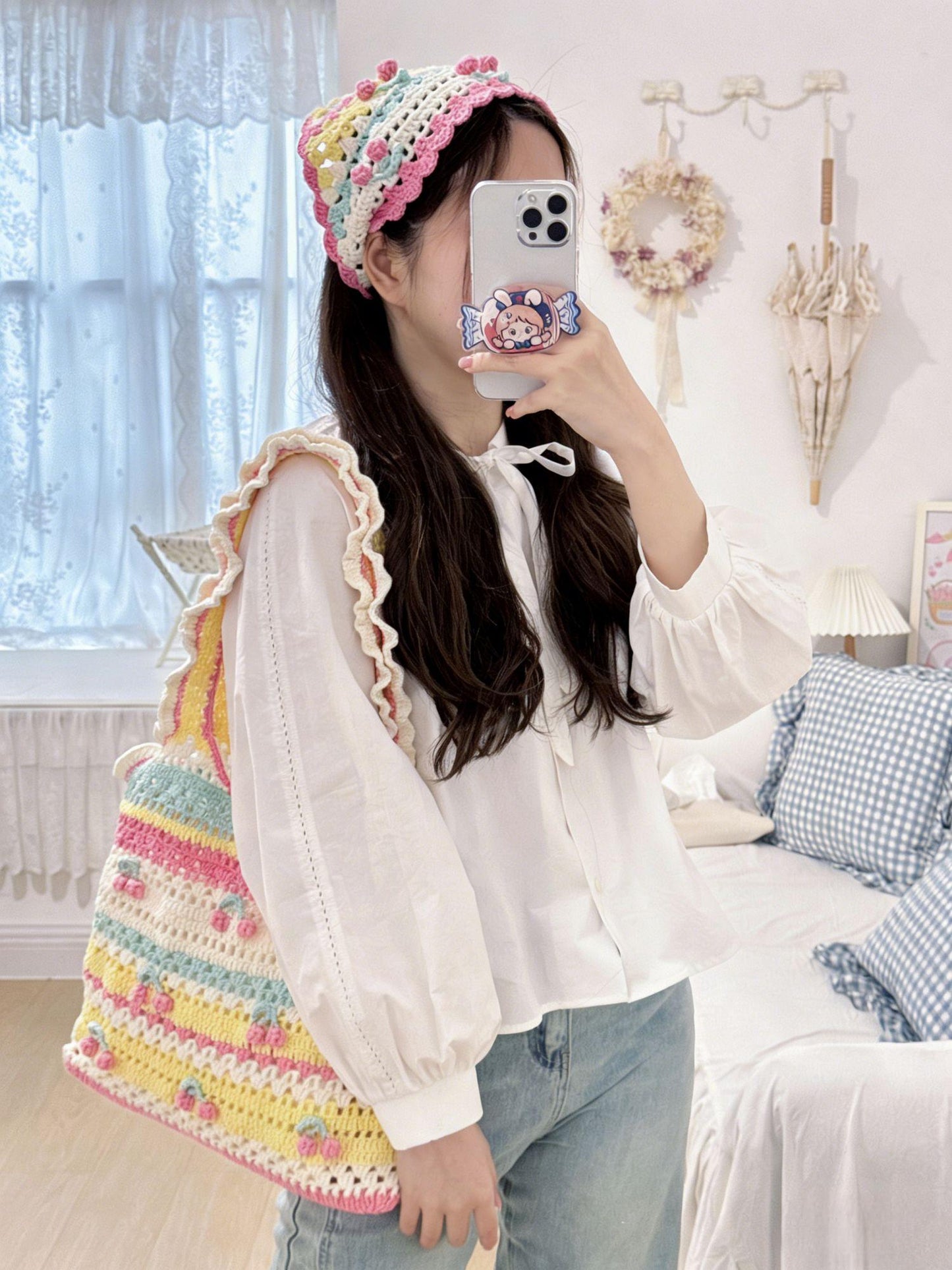 Cherry Crochet Triangle Headscarf Handmade Bandana Milk Cotton Hair Scarf