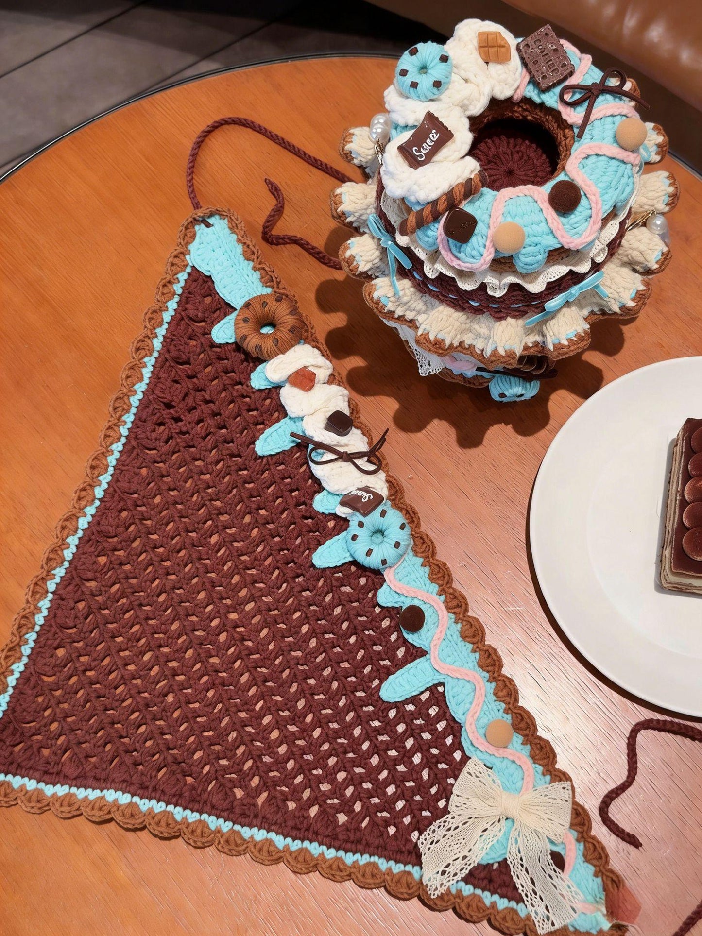 Chocolate Crochet Triangle Headscarf Handmade Bandana Milk Cotton Hair Scarf