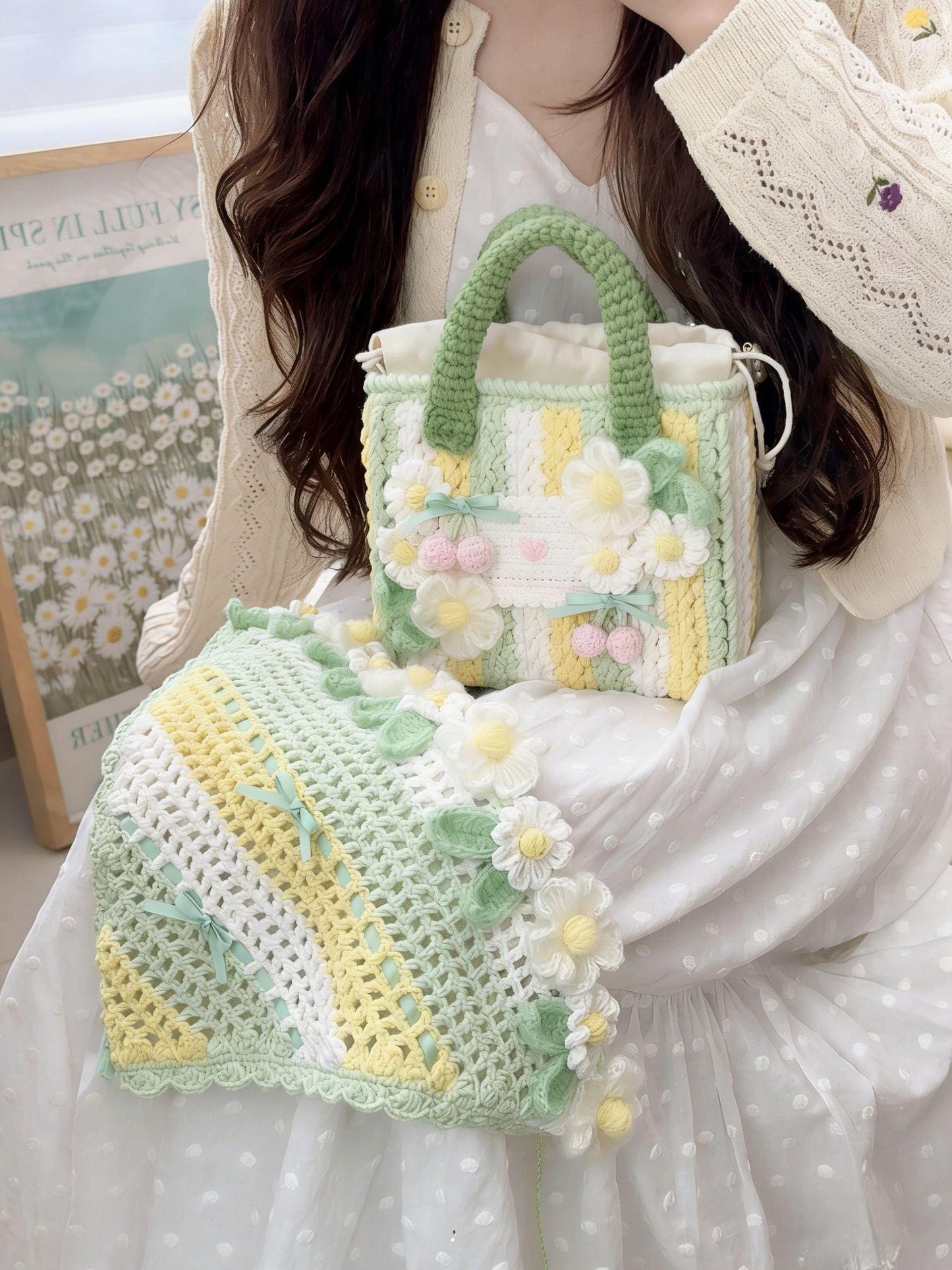 Daisy Crochet Triangle Headscarf Handmade Bandana Milk Cotton Hair Scarf