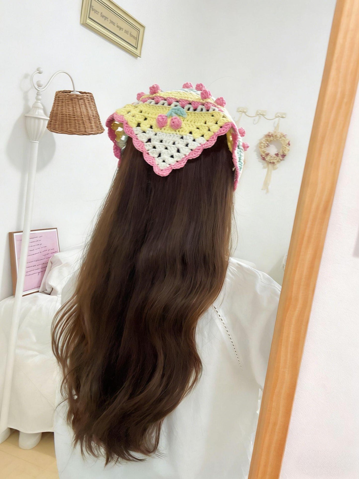 Cherry Crochet Triangle Headscarf Handmade Bandana Milk Cotton Hair Scarf