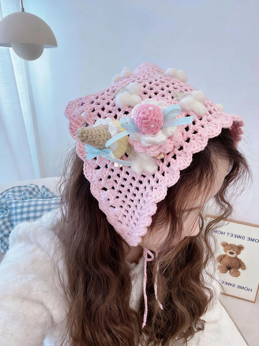 Cream Crochet Triangle Headscarf Handmade Bandana Milk Cotton Hair Scarf