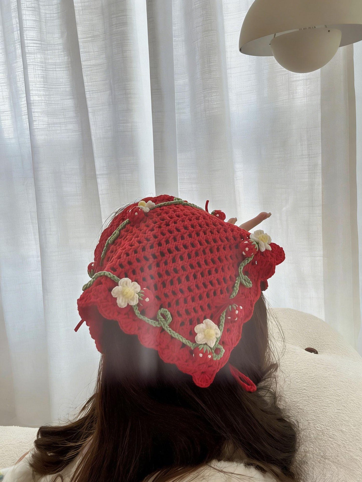 Red Crochet Triangle Headscarf Handmade Bandana Milk Cotton Hair Scarf