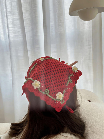 Red Crochet Triangle Headscarf Handmade Bandana Milk Cotton Hair Scarf