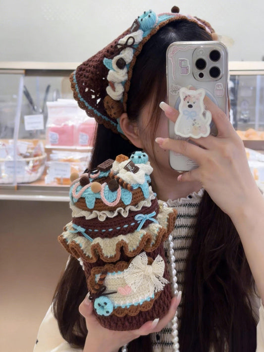 Chocolate Crochet Triangle Headscarf Handmade Bandana Milk Cotton Hair Scarf