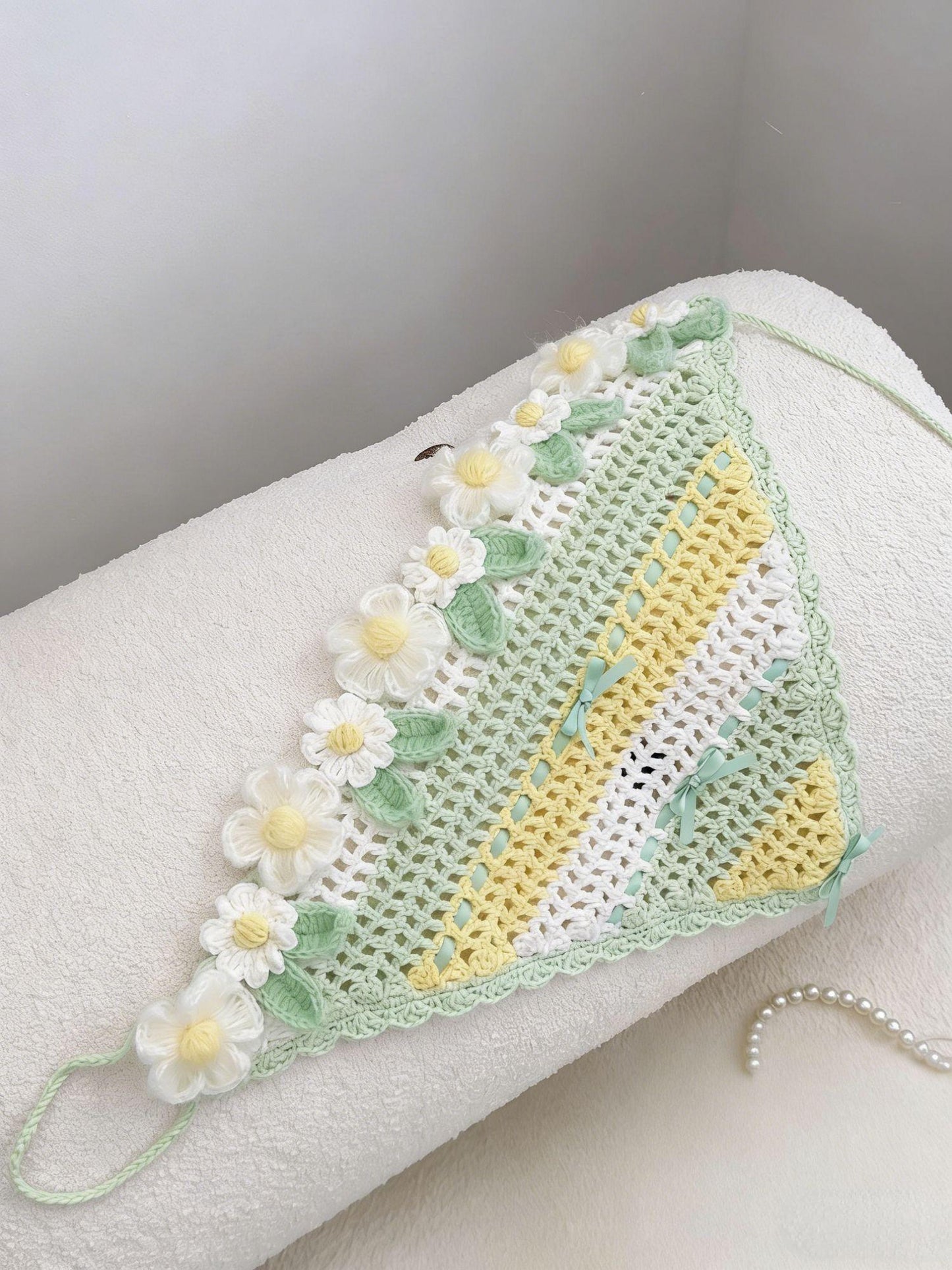 Daisy Crochet Triangle Headscarf Handmade Bandana Milk Cotton Hair Scarf