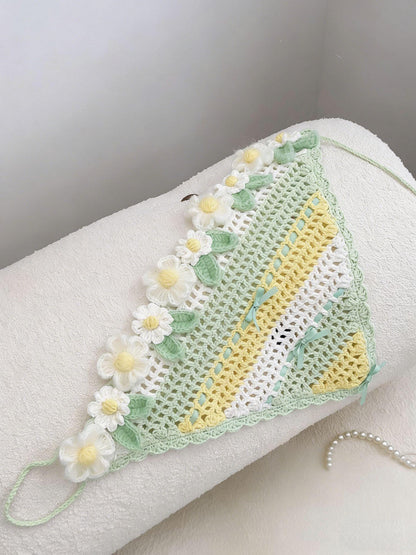 Daisy Crochet Triangle Headscarf Handmade Bandana Milk Cotton Hair Scarf
